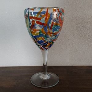 Pier 1 Confetti Hand Blown Art Glasse Wine Water Goblet Colorful 16oz